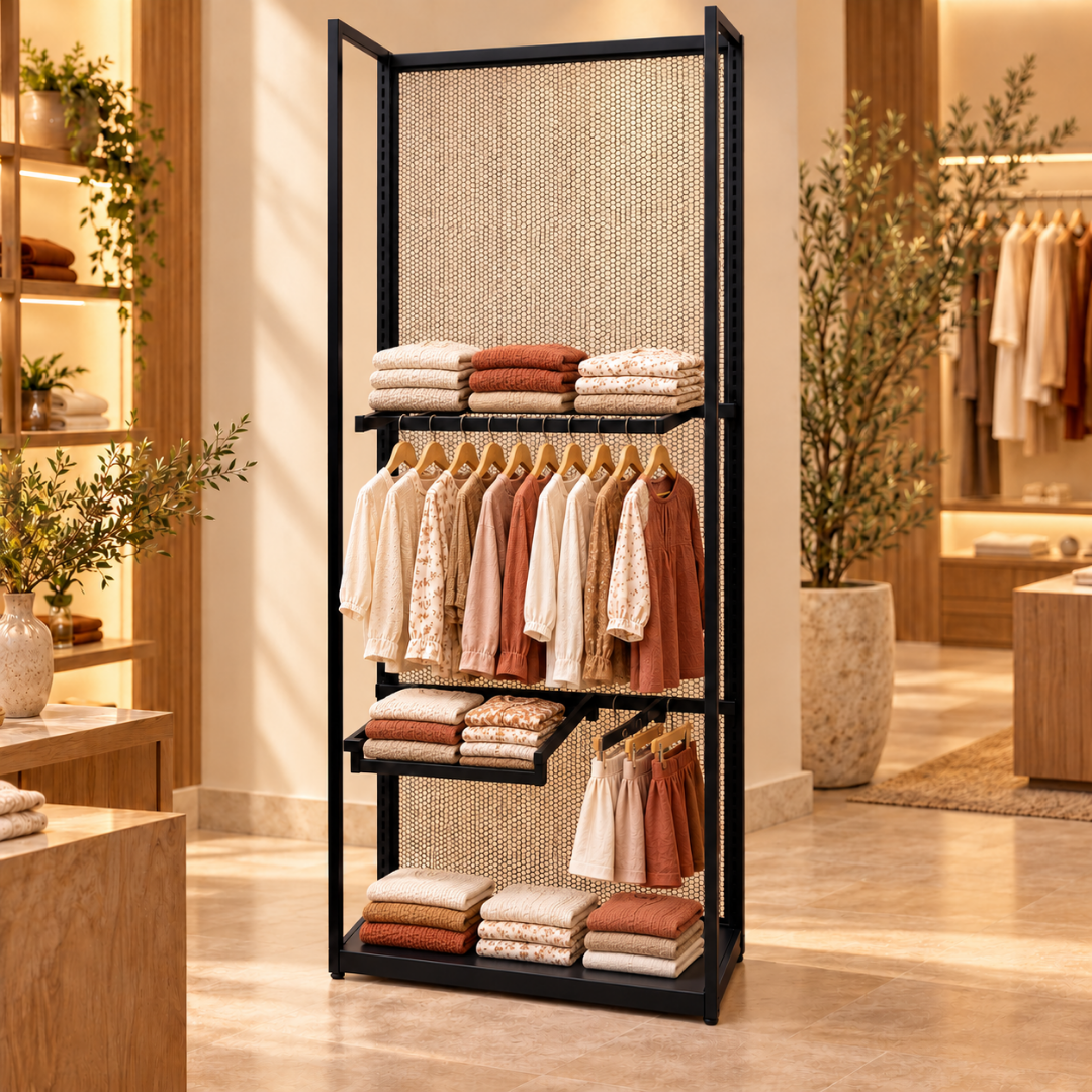 Exhibidor Comercial Metálico de Piso con Panel de Malla, Repisas y Brazos para Colgar Productos Ropas 120x43x260cm XBH-CR33