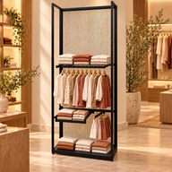 Exhibidor Comercial Metálico de Piso con Panel de Malla, Repisas y Brazos para Colgar Productos Ropas 120x43x260cm XBH-CR33
