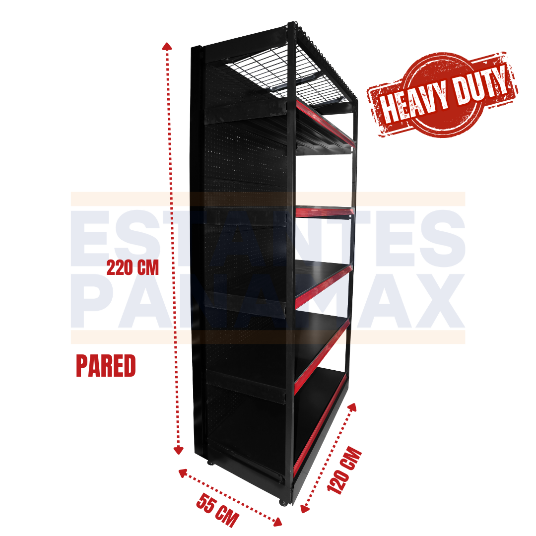 **CALIBRE GRUESO** Góndola Pared Perforado Negro Tipo Cuadrado 220x120x55cm 6 Niveles 275kg/nivel PMX-1002