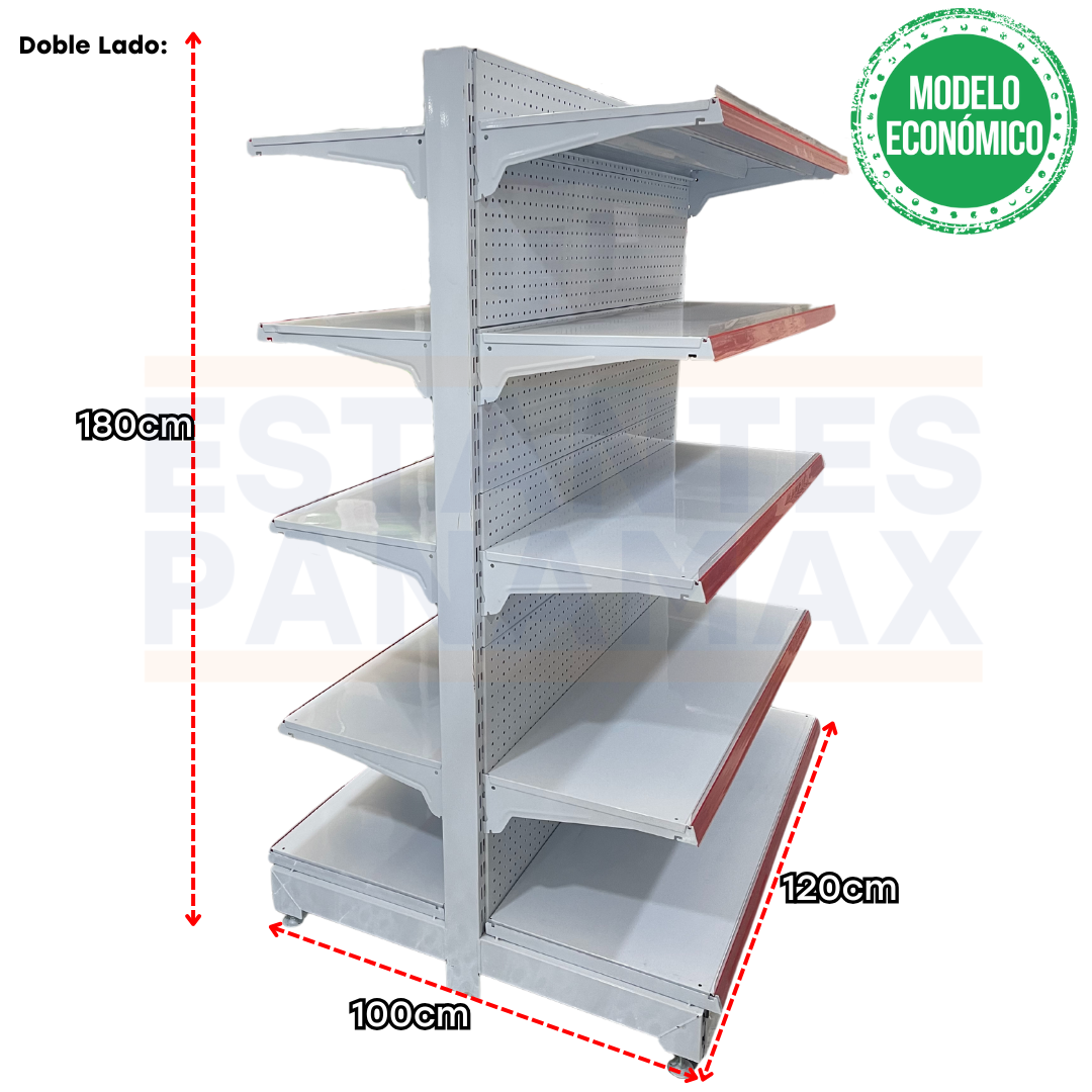 **MODELO ECONÓMICO** Góndola Doble Perforado Blanco 5 Niveles 180x120x100cm 75kg/nivel PMX-3003-D