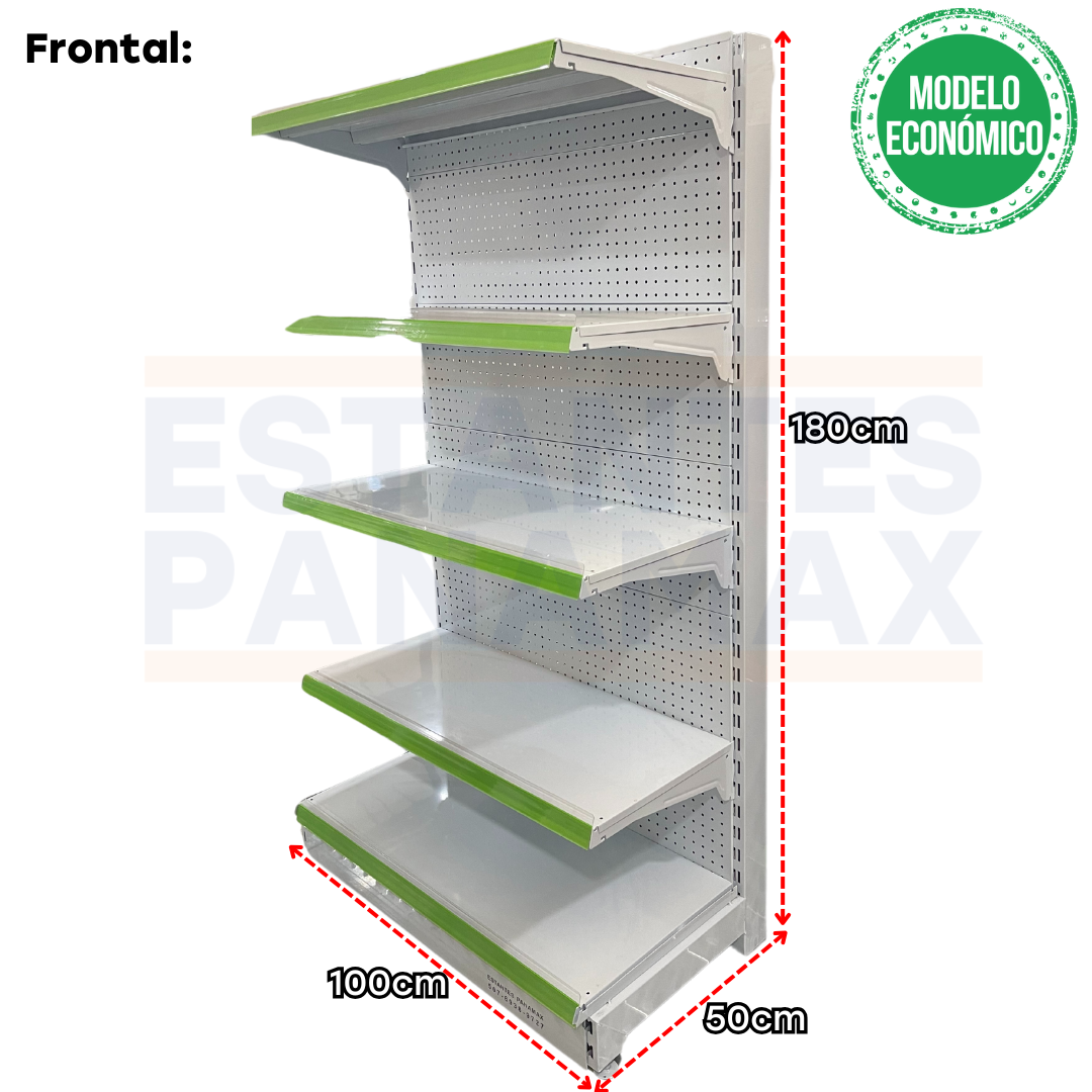 **MODELO ECONÓMICO** Góndola Frontal Perforado Blanco 5 Niveles 180x100x50cm 75kg/nivel PMX-3003-F