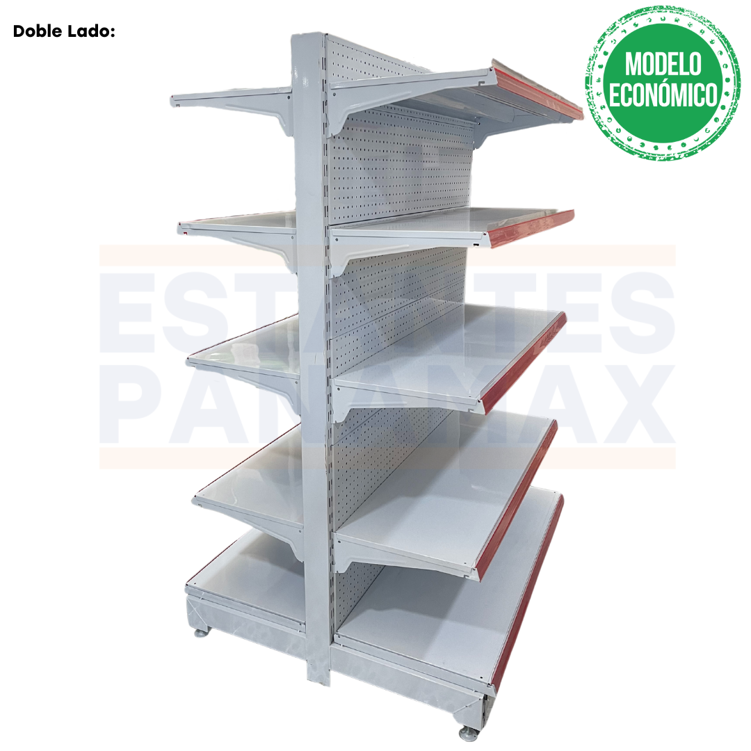 **MODELO ECONÓMICO** Góndola Doble Perforado Blanco 5 Niveles 180x120x100cm 75kg/nivel PMX-3003-D