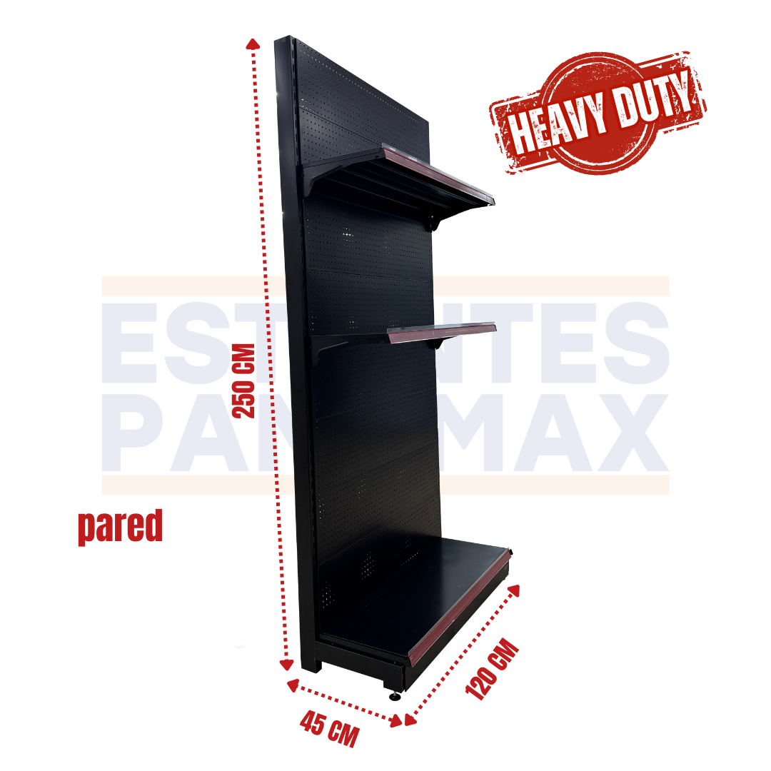 **CALIBRE GRUESO** Góndola Pared Perforado Negro 3 Niveles 250x120x45cm 250kg/nivel PMX-7001-P