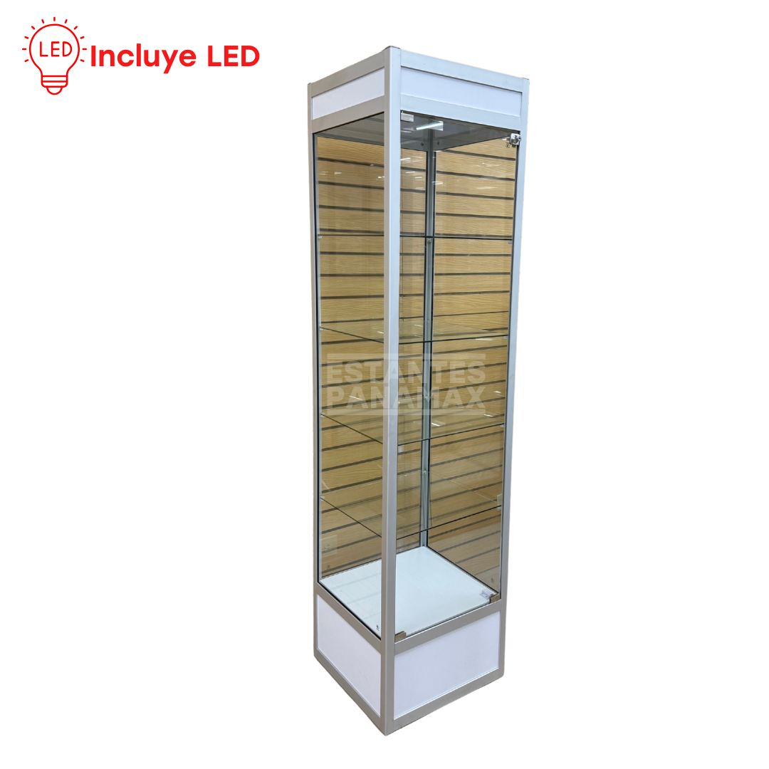 Vitrina Vertical de Aluminio Plateado con Blanco 4 Niveles con LED 200x50x50cm KS-004