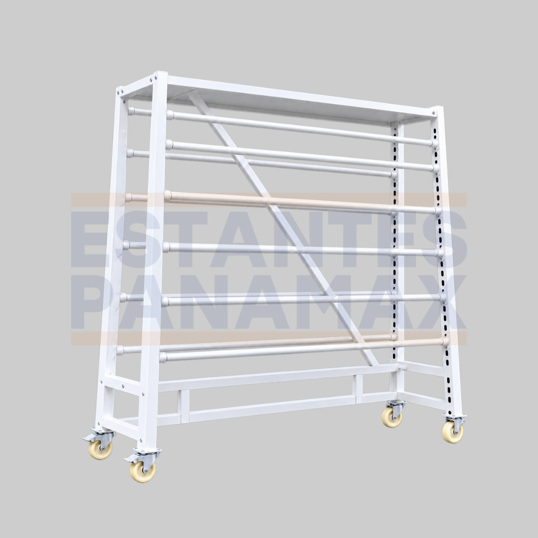Exhibidor de Rollos de Tela, Alfombras, Carpeta, Linoleo, Linolio Metálico con 6 Barras Horizontales, Ruedas y Estructura Blanca 193x60x200cm XBH-CR32