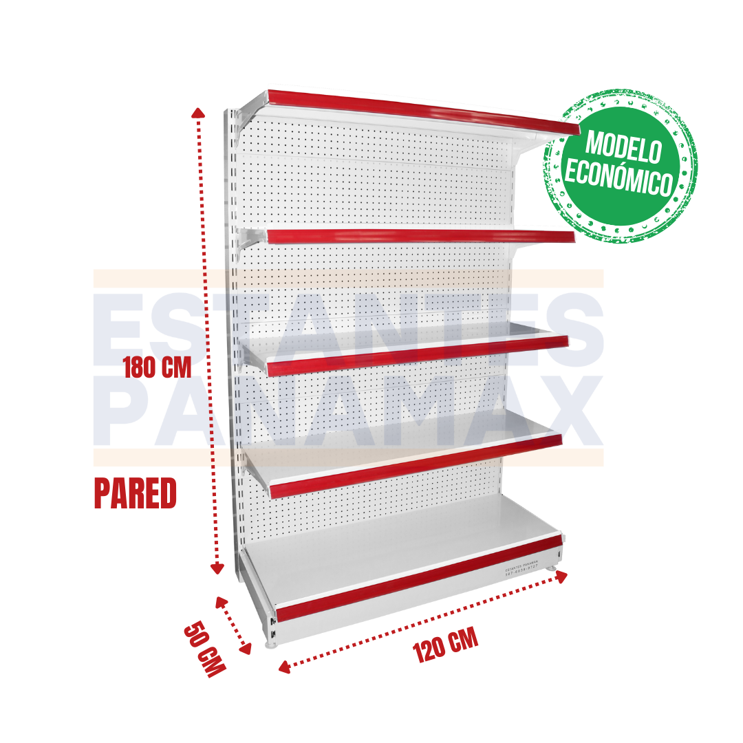 **MODELO ECONÓMICO** Góndola Pared Perforado Blanco 5 Niveles 180x120x50cm 75kg/nivel PMX-3003-P