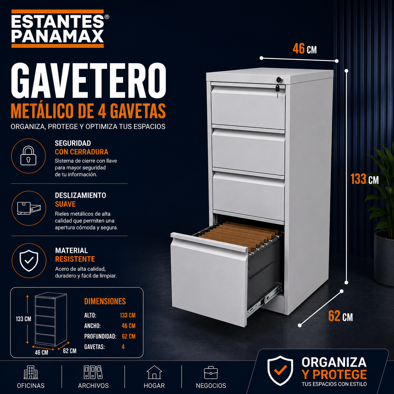 Archivador 4 Gavetas Metálico Gris con Cerradura con Llave 133x46x62cm KY-G081-04