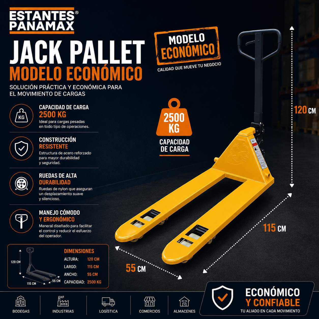 (CALIBRE ECONOMICO) Transpaleta Manual Jack Pallet Hand Pallet 2500kg Modelo Europeo Amarillo 115X55cm PMX-1408