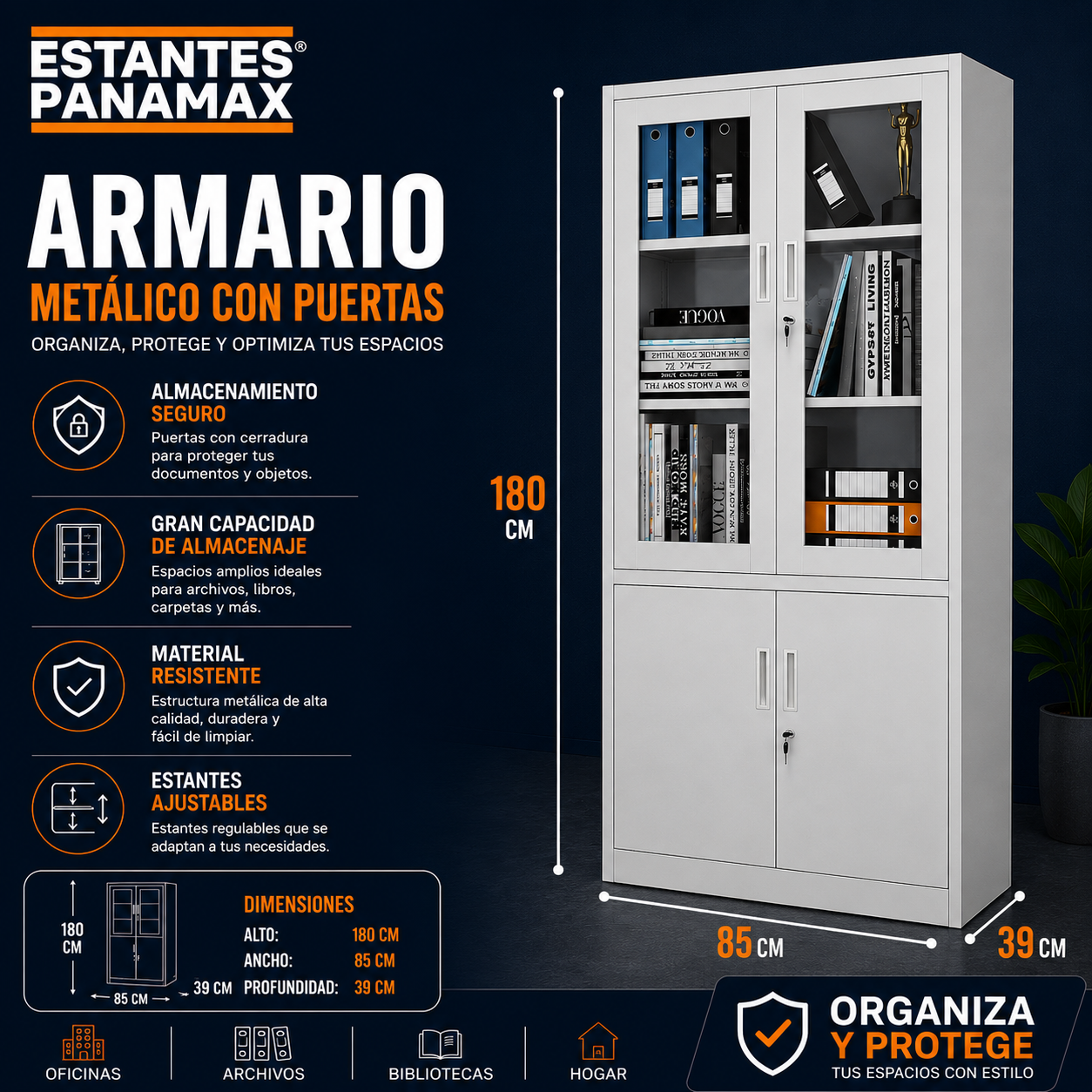 Estante Archivador Metálico de 4 Puertas 2 Niveles Gris para Almacenar Archivos 180x85x39cm KY-G002