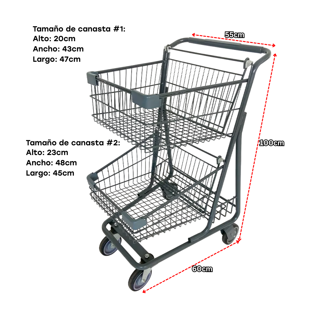 Carretilla de Supermercado Metálica de 2 Niveles Gris PMX-1254