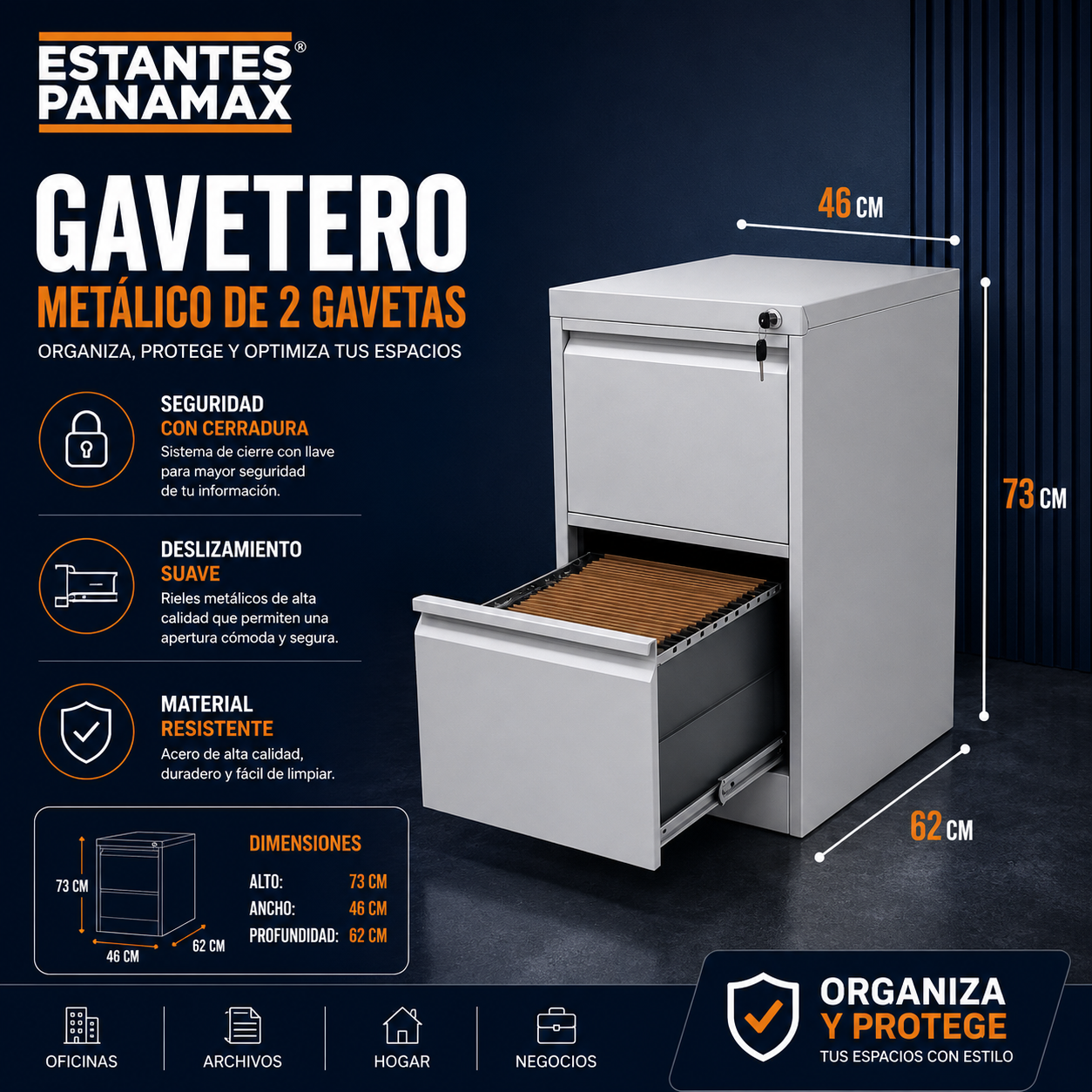 Archivador 2 Gavetas Metálico Gris con Cerradura con Llave 73x46x62cm KY-G081-02