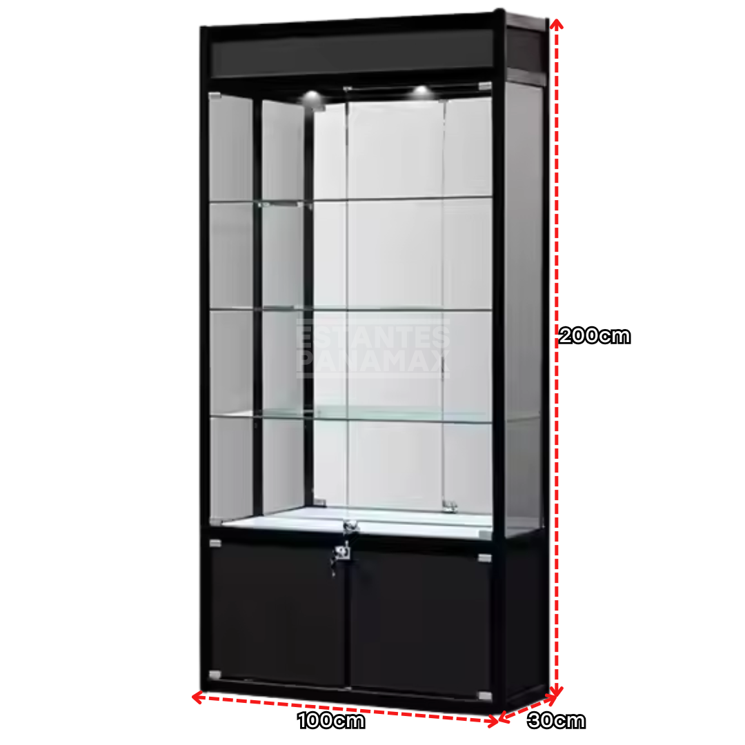 Vitrina Vertical de Aluminio Negro 3 Niveles con Gavetero y LED 200x100x30cm KD-010 / KW-005