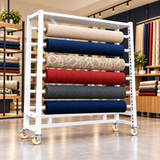 Exhibidor de Rollos de Tela, Alfombras, Carpeta, Linoleo, Linolio Metálico con 6 Barras Horizontales, Ruedas y Estructura Blanca 193x60x200cm XBH-CR32