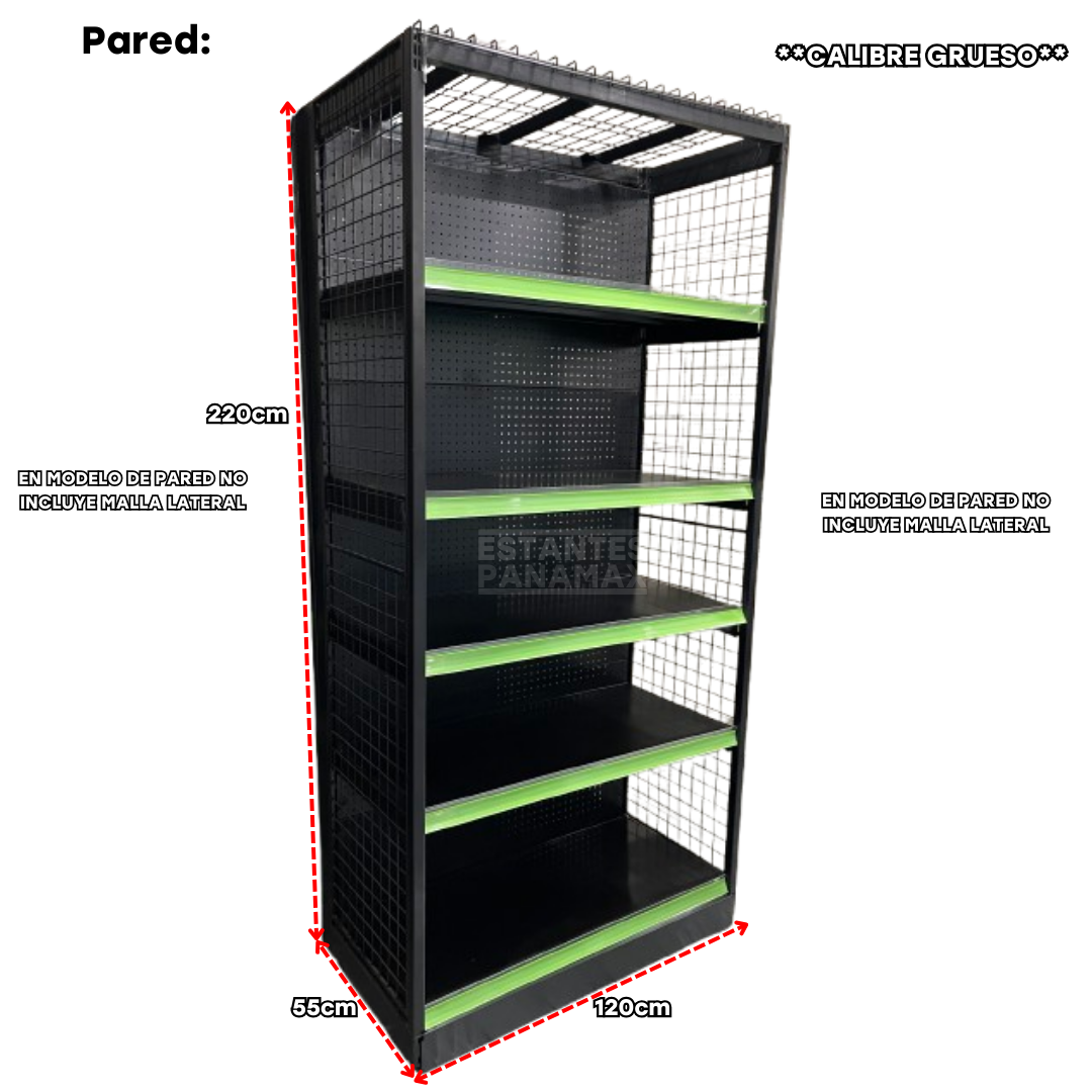 **CALIBRE GRUESO** Góndola Cuadrado de Fondo Perforado Negro 6 Niveles 2.20m Alto PMX-1001, PMX-1002 & PMX-1129