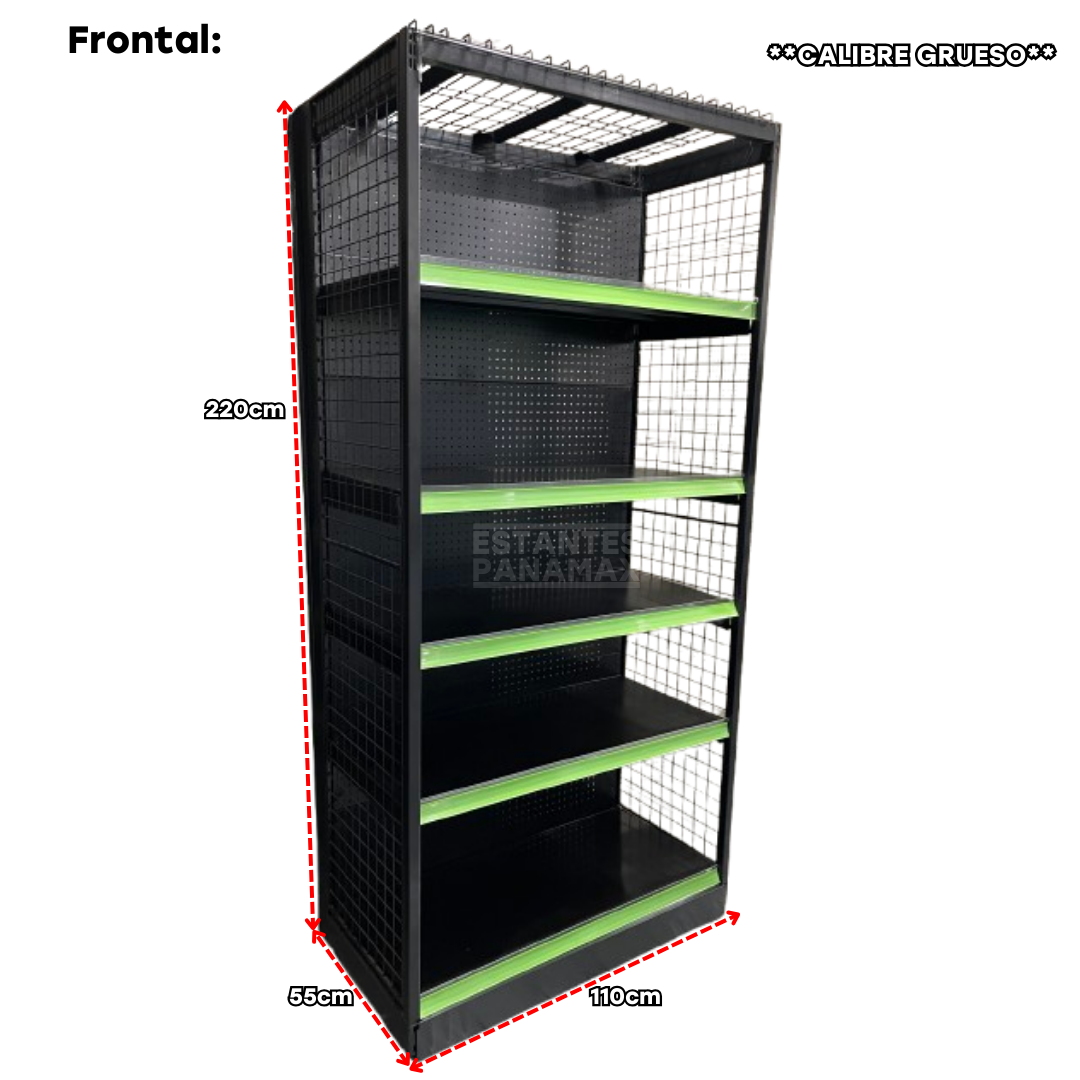 **CALIBRE GRUESO** Góndola Cuadrado de Fondo Perforado Negro 6 Niveles 2.20m Alto PMX-1001, PMX-1002 & PMX-1129