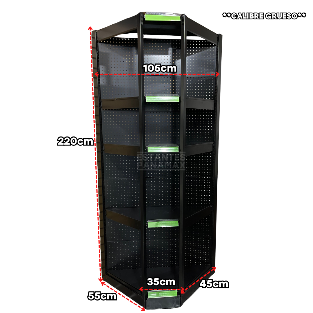 **CABLIBRE GRUESO** Góndola Esquinero Tipo Cuadrado de Fondo Perforado Negro 5 Niveles Metálicas Altura 2.20m PMX-1124