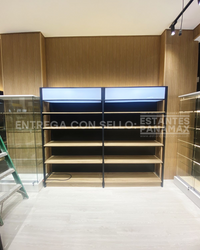 Góndola Pared Perforado Negro con Diseño de Madera 5 Niveles 200x120x40cm 90kg/nivel PMX-1208