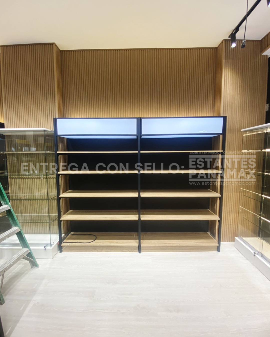 Góndola Pared Perforado Negro con Diseño de Madera 5 Niveles 200x120x40cm 90kg/nivel PMX-1208