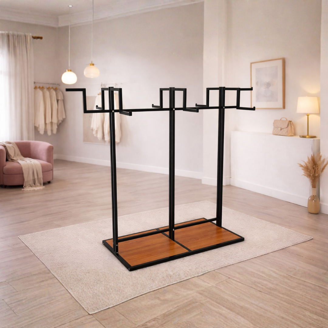 Perchero Exhibidor de Ropa Metal Negro con Diseño Madera 140x180x55cm XBH-CR18