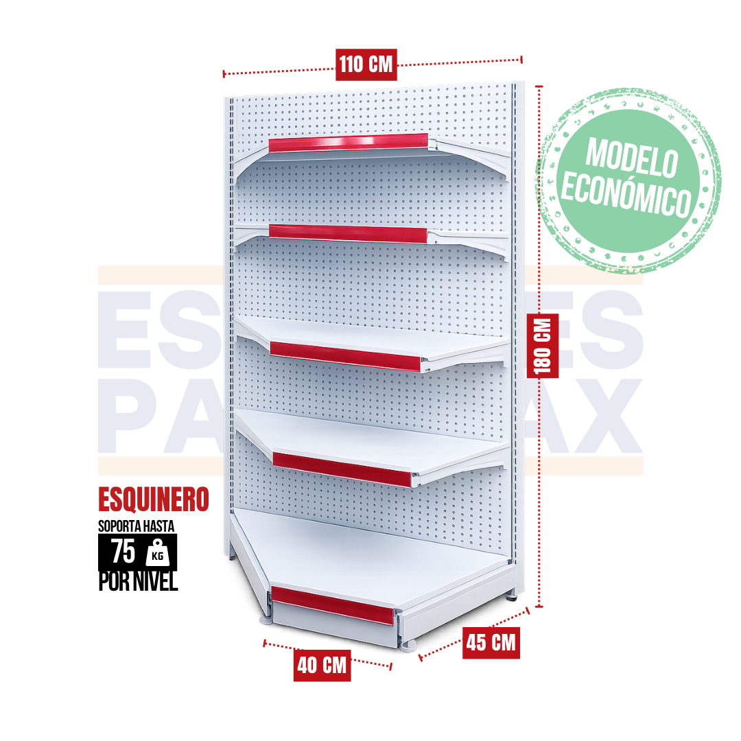 **MODELO ECONOMICO** Góndola Esquinero Perforado Blanco 180x110x45cm 5 Niveles 75kg/nivel PMX-1420