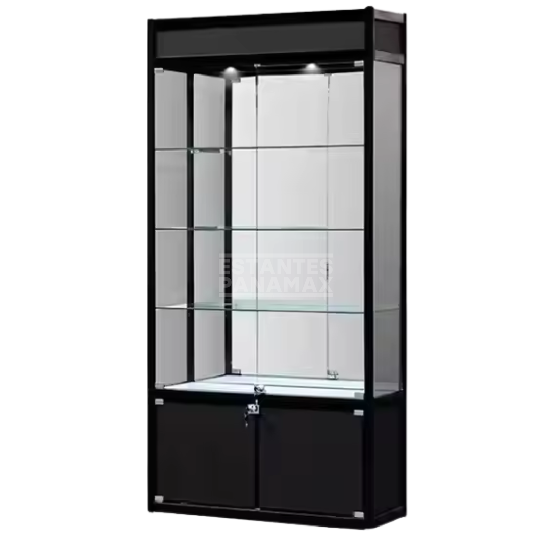 Vitrina Vertical de Aluminio Negro 3 Niveles con Gavetero y LED 200x100x30cm KD-010 / KW-005