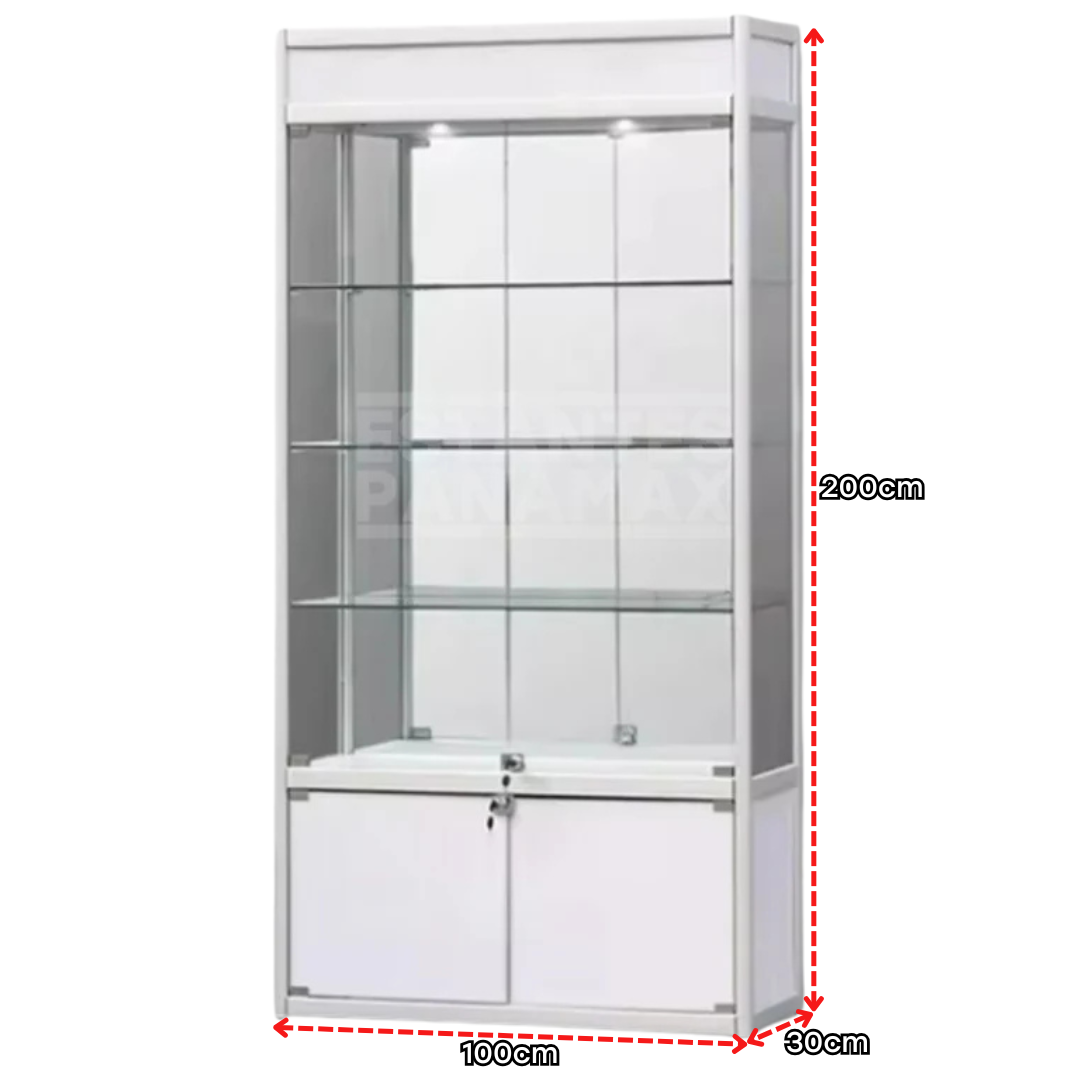 Vitrina Vertical de Aluminio Plateado con Blanco 3 Niveles con Gavetero y LED 200x100x30cm KD-010 / KW-005