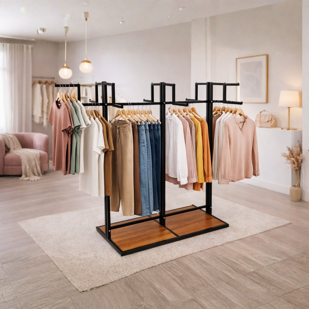 Perchero Exhibidor de Ropa Metal Negro con Diseño Madera 140x180x55cm XBH-CR18