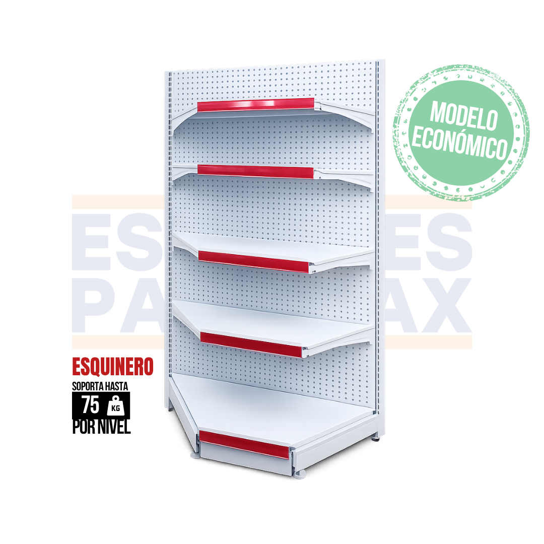 **MODELO ECONOMICO** Góndola Esquinero Perforado Blanco 180x110x45cm 5 Niveles 75kg/nivel PMX-1420