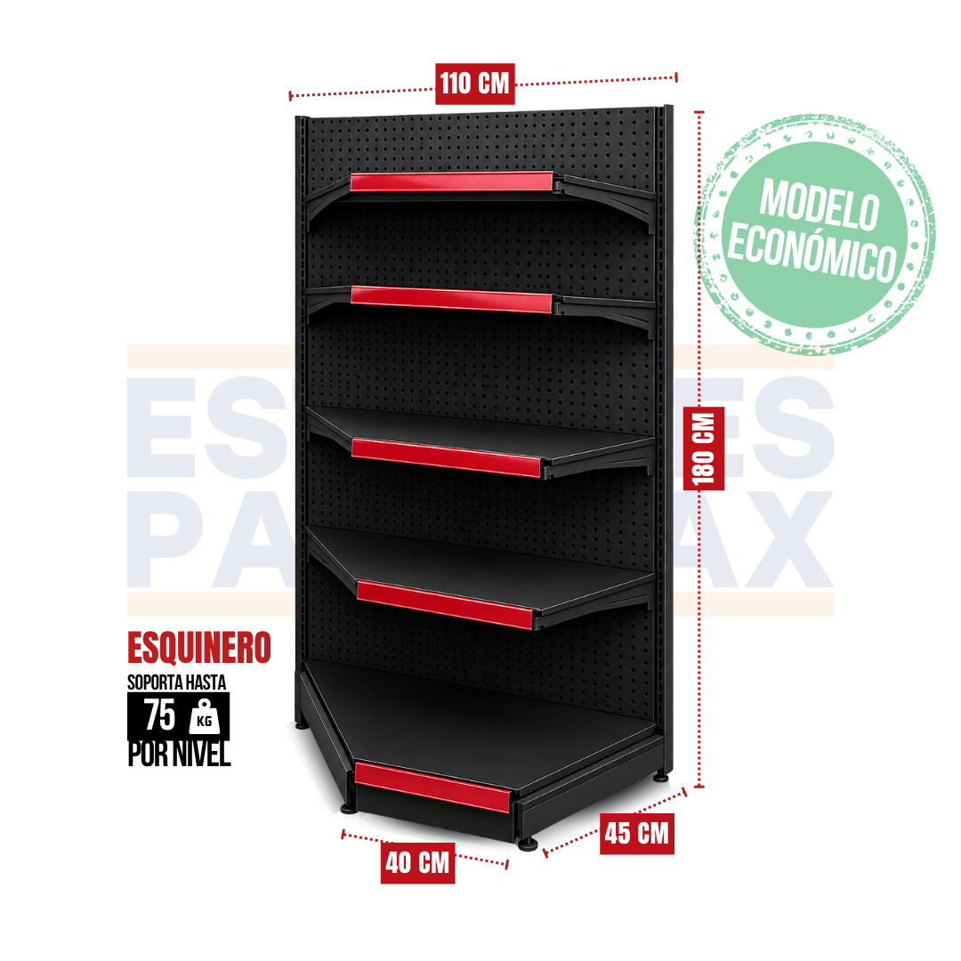 **MODELO ECONOMICO** Góndola Esquinero Perforado Negro 180x110x45cm 5 Niveles 75kg/nivel PMX-1421