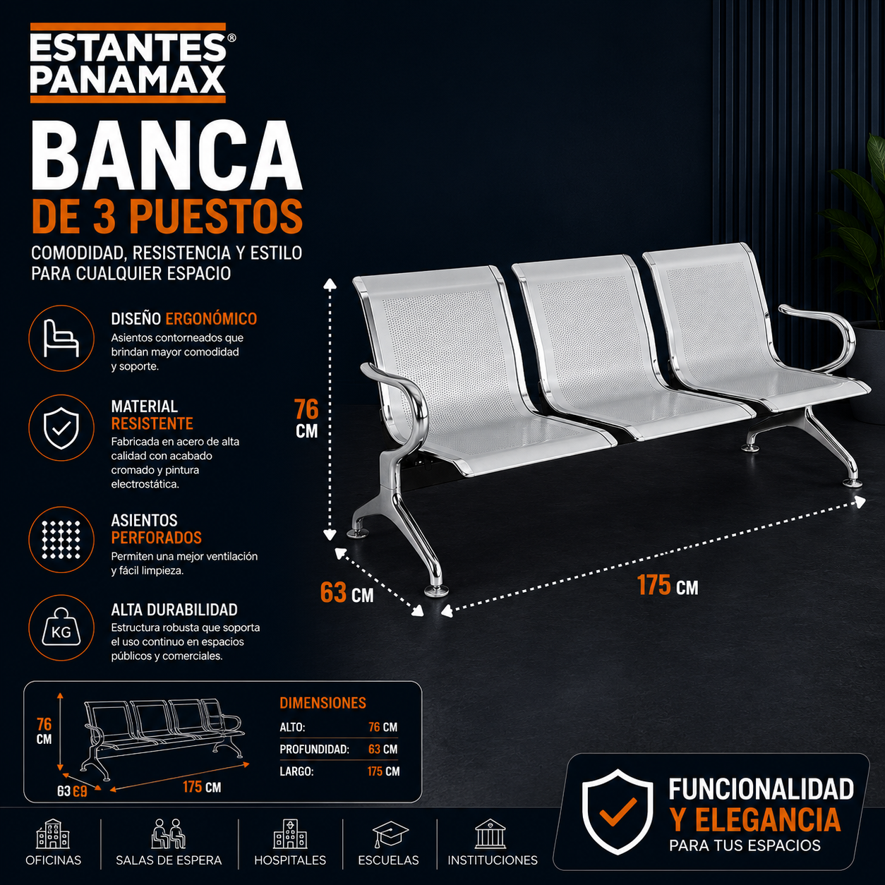 Silla Banca de Espera Metálica de 3 Asientos 76x175x63cm KY-P003
