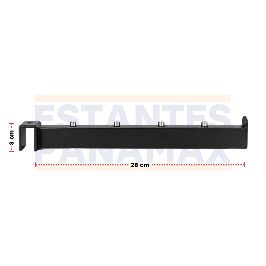 Brazo Gancho de Barra Exhibidor Metálico Recto de 28cm con 4 Topes para Colgar Ropa y Accesorios, Color Negro EP-28