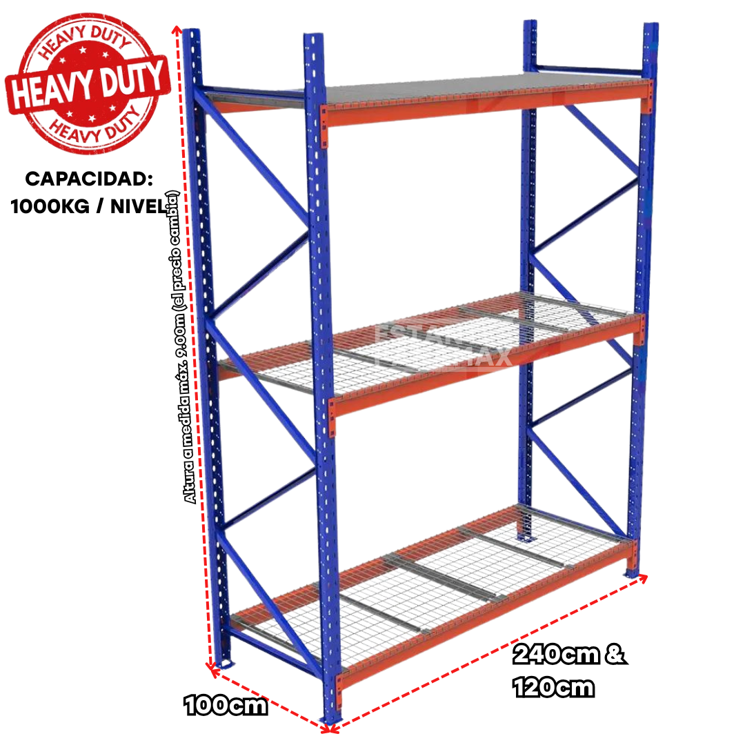 Rack de Bodega de Carga Pesada 1000kg/Nivel con Mallas PMX-1094 ***SE VENDE POR PIEZAS***