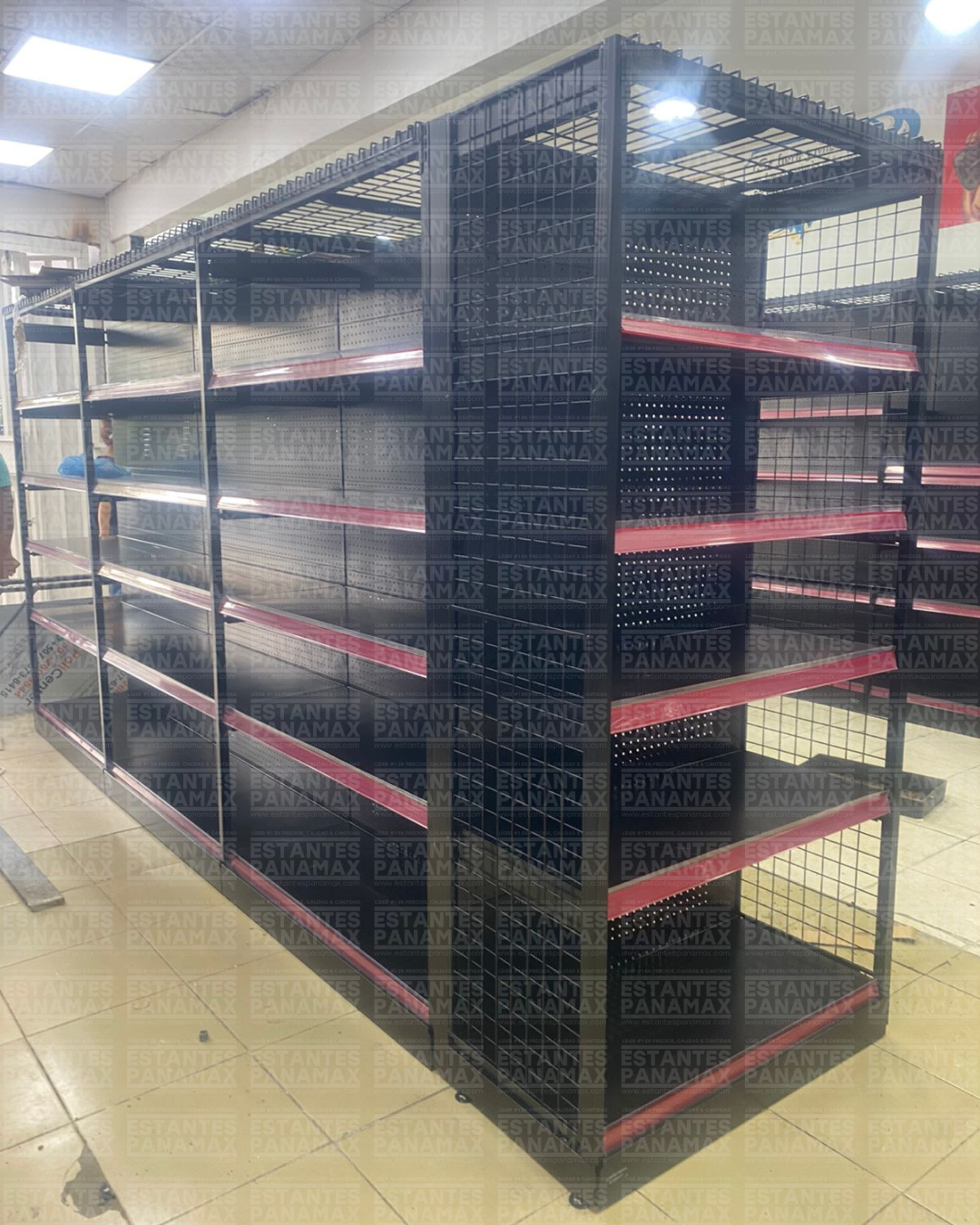 **CALIBRE GRUESO** Góndola Doble Perforado Negro Tipo Cuadrado 220x120x110cm 6 Niveles 275kg/nivel PMX-1001
