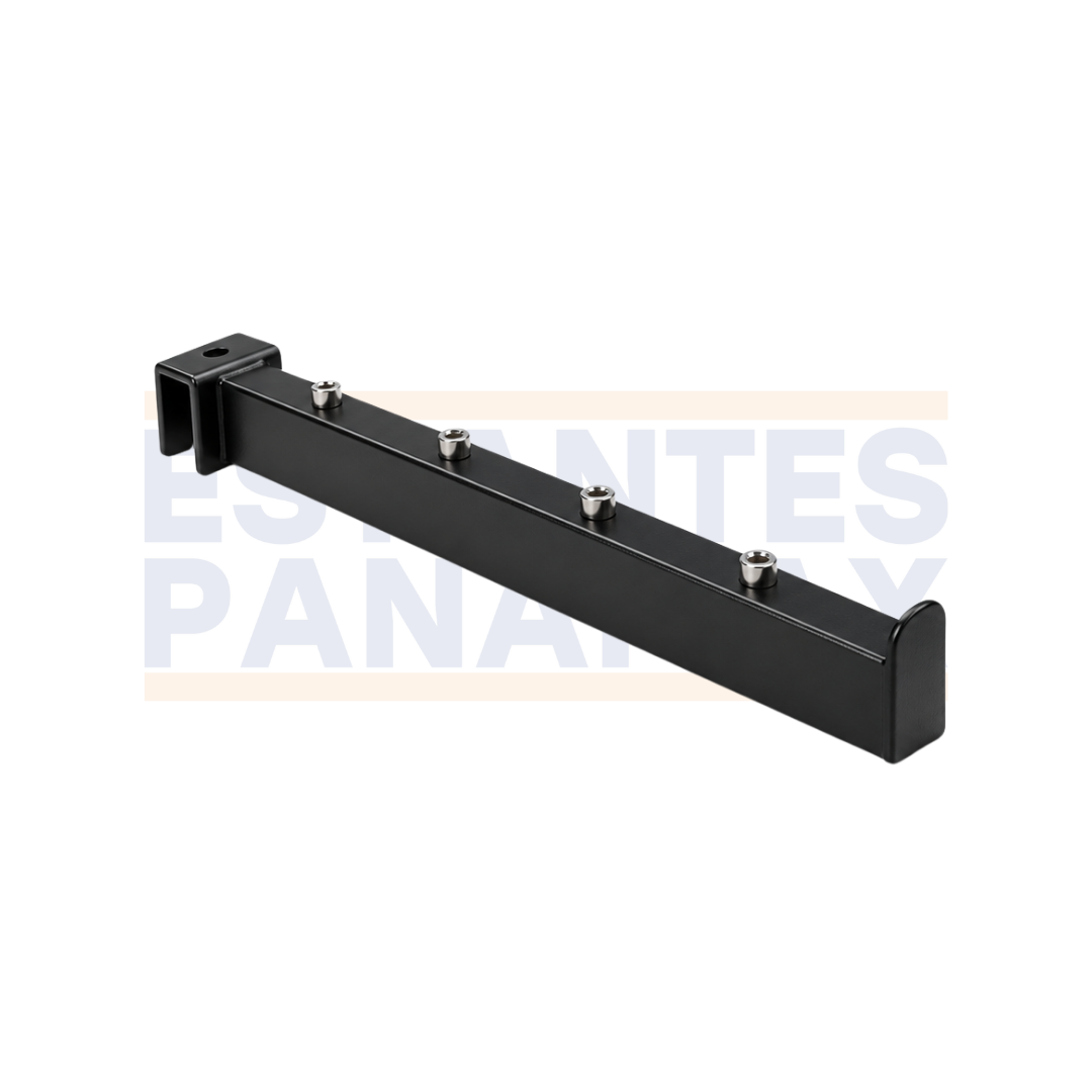 Brazo Gancho de Barra Exhibidor Metálico Recto de 28cm con 4 Topes para Colgar Ropa y Accesorios, Color Negro EP-28