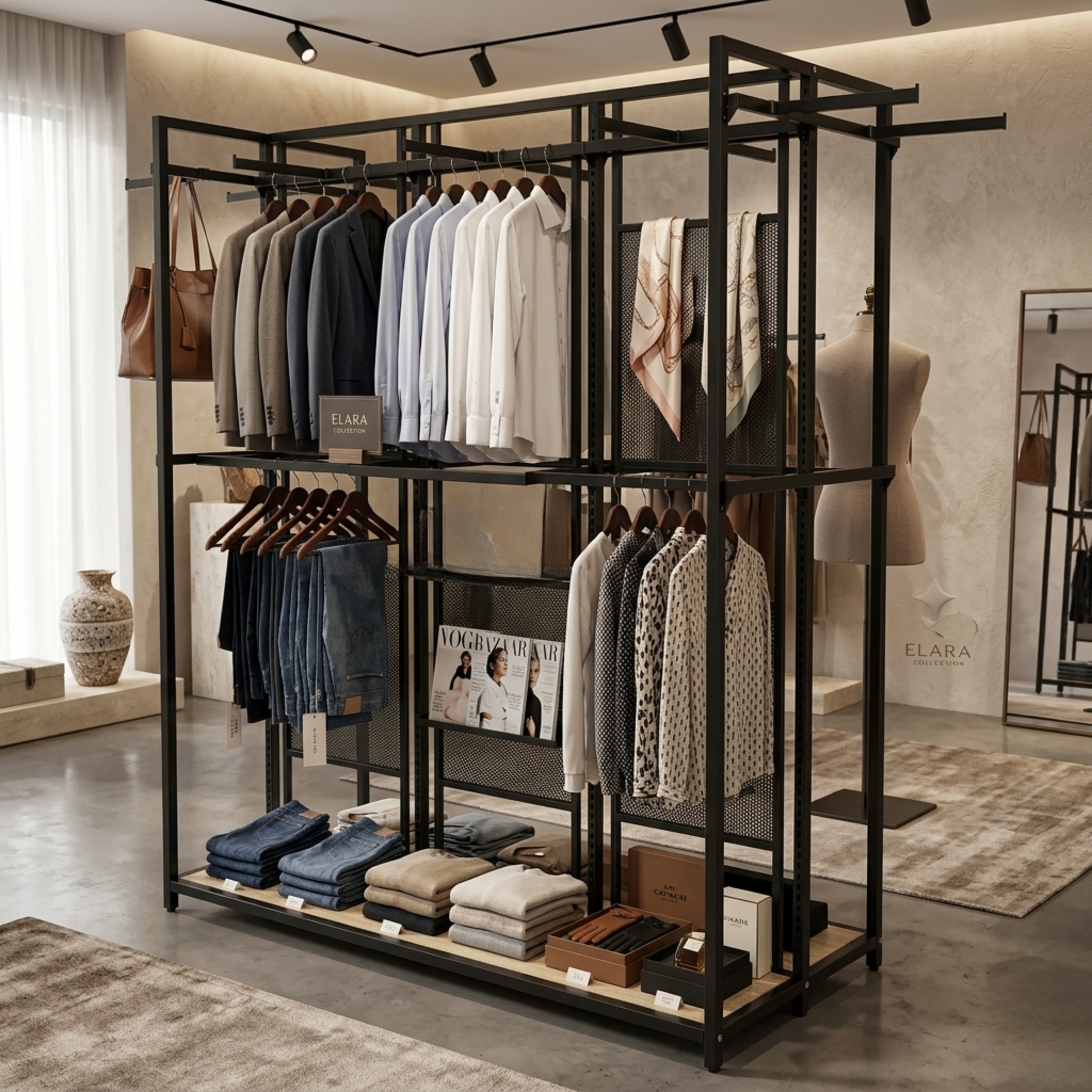 Perchero Exhibidor de Ropa Metal Negro Doble Lado 220x180x80cm XBH-CR19