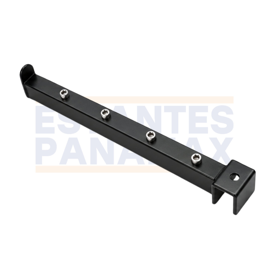 Brazo Gancho de Barra Exhibidor Metálico Recto de 28cm con 4 Topes para Colgar Ropa y Accesorios, Color Negro EP-28