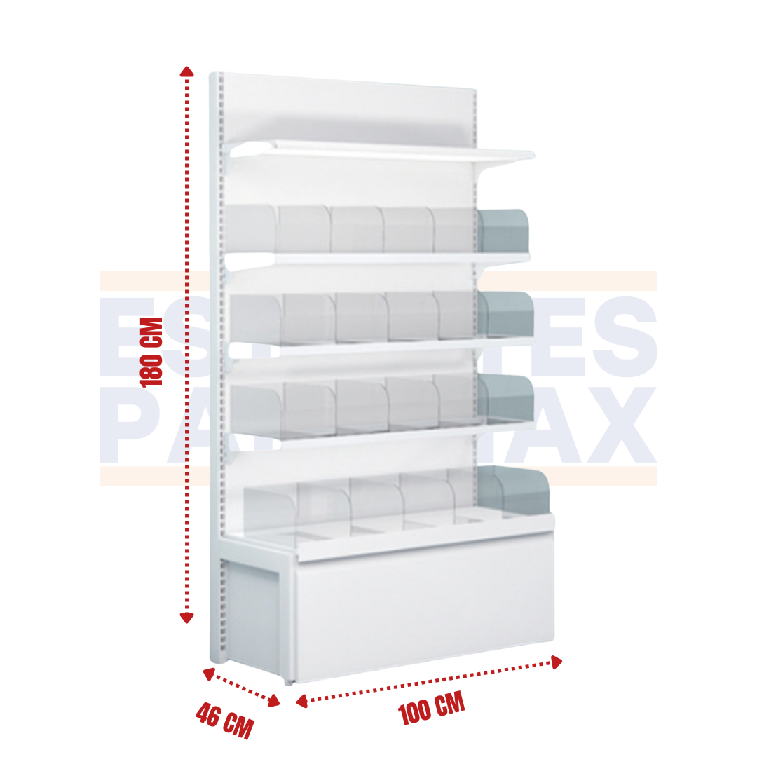 Góndola Pared Fondo Liso Blanco 5 Niveles + 16 Organizadores Transparente +1 Gavetero 180x100x46cm 75kg/nivel PMX-1366