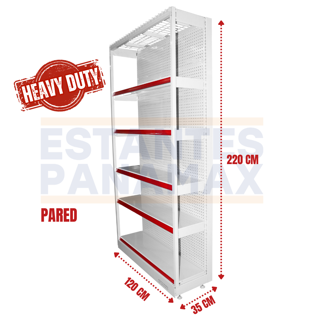 **CALIBRE GRUESO** Góndola Pared Perforado Blanco Tipo Cuadrado 220x120x35cm 6 Niveles 275kg/nivel PMX-1205