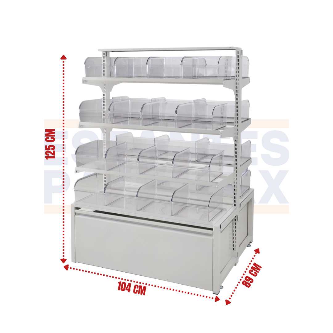 Góndola Doble Blanco 4 Niveles + 32 Organizadores Transparente +2 Gaveteros 125x104x89cm 75kg/nivel PMX-1367