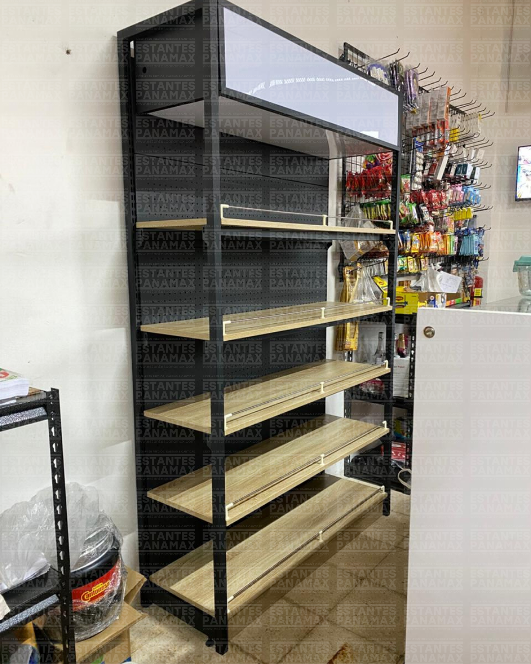 Góndola Pared Perforado Negro con Diseño de Madera 5 Niveles 200x120x40cm 90kg/nivel PMX-1208