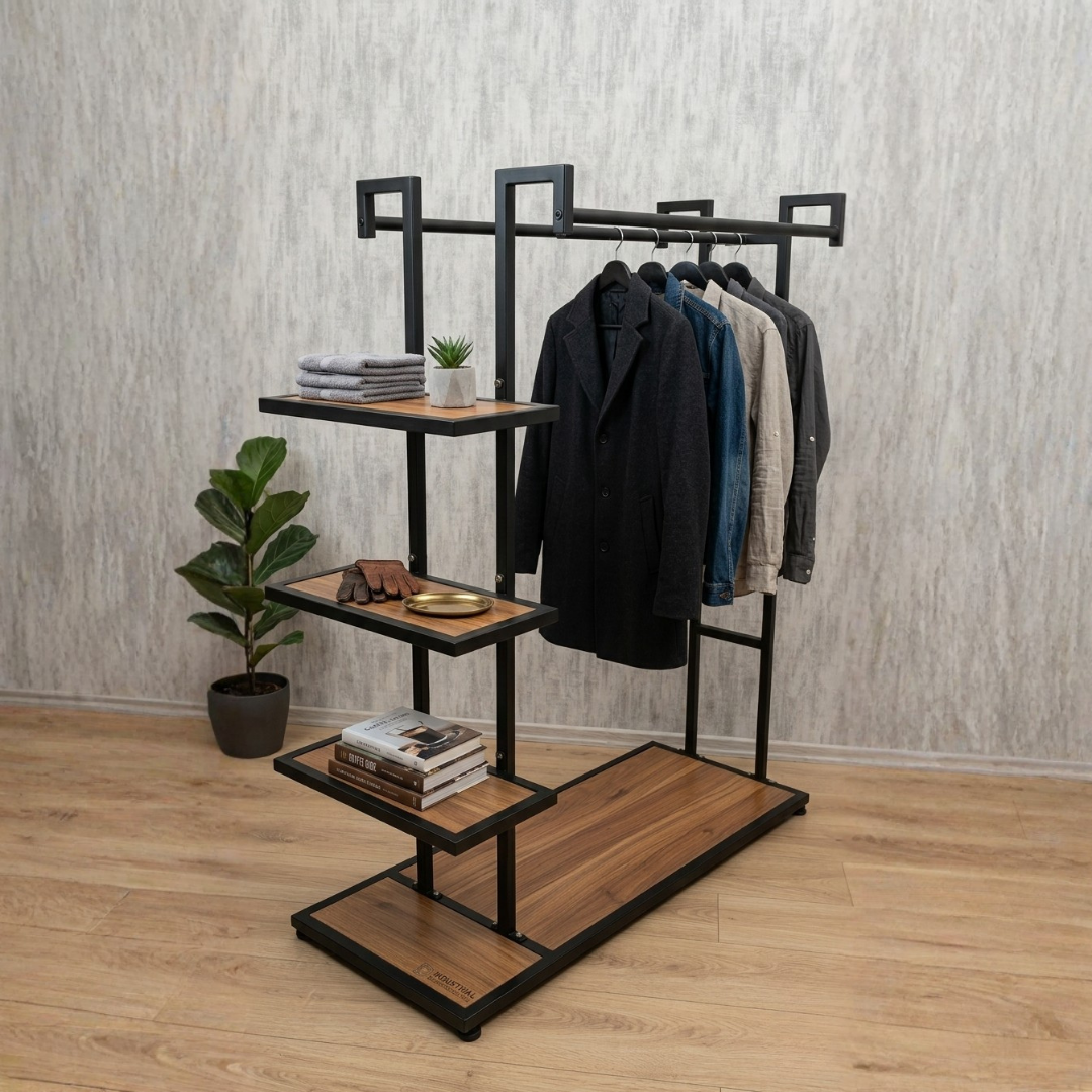 Perchero Exhibidor de Ropa para Boutique Negro con Diseño Madera 140x150x50cm XBH-CR08