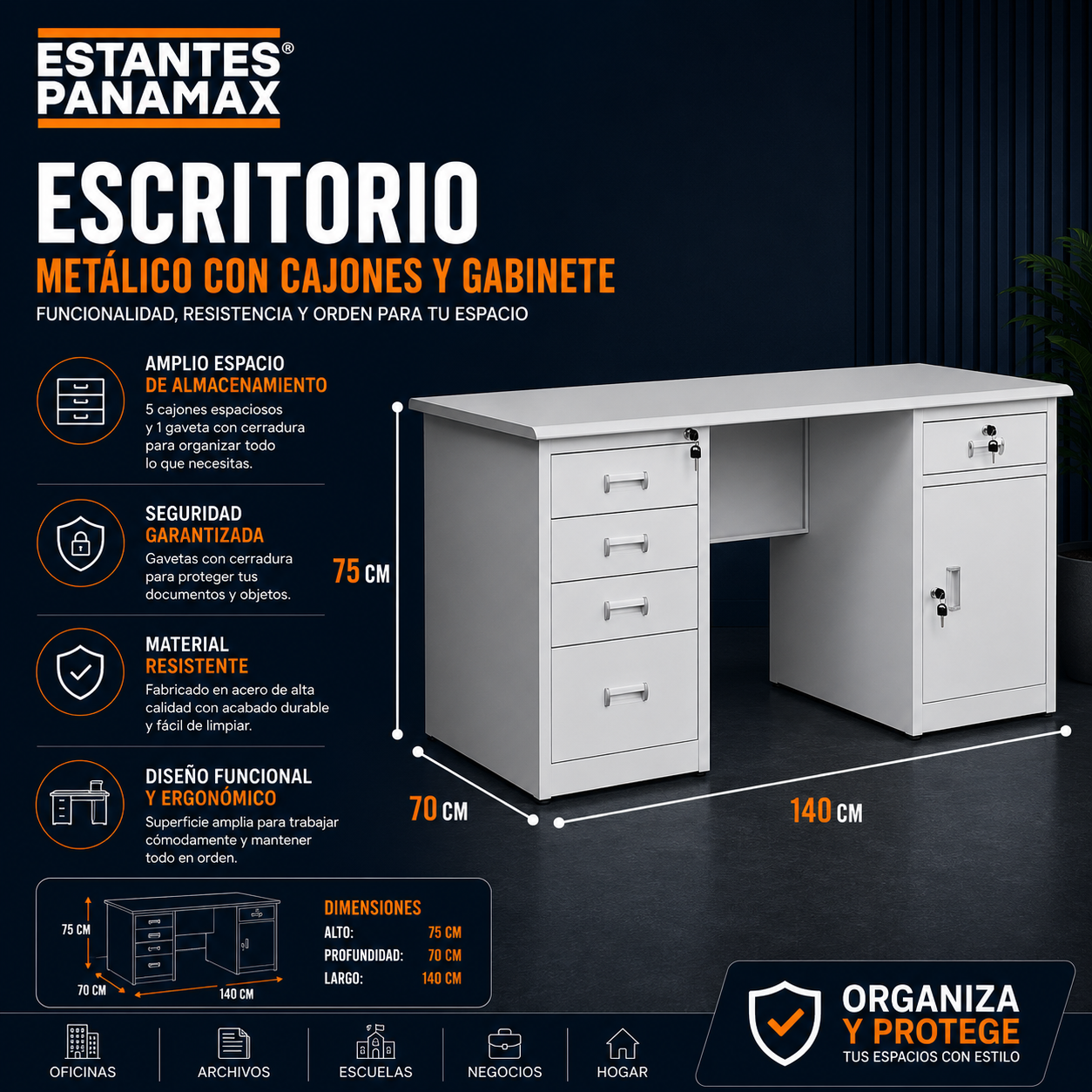 Escritorio de Metal con Superficie de MDF Gris 75x140x70cm KY-Z103