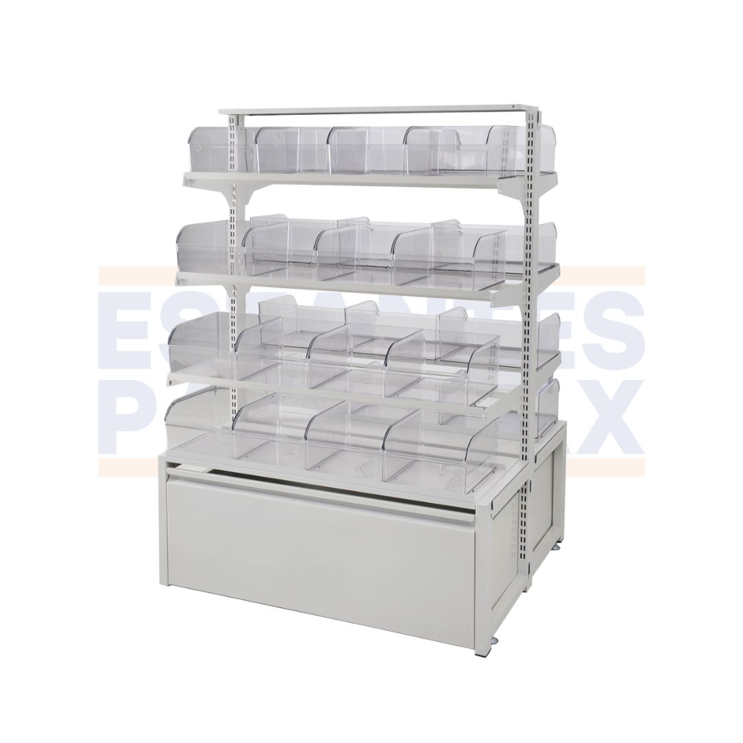 Góndola Doble Blanco 4 Niveles + 32 Organizadores Transparente +2 Gaveteros 125x104x89cm 75kg/nivel PMX-1367