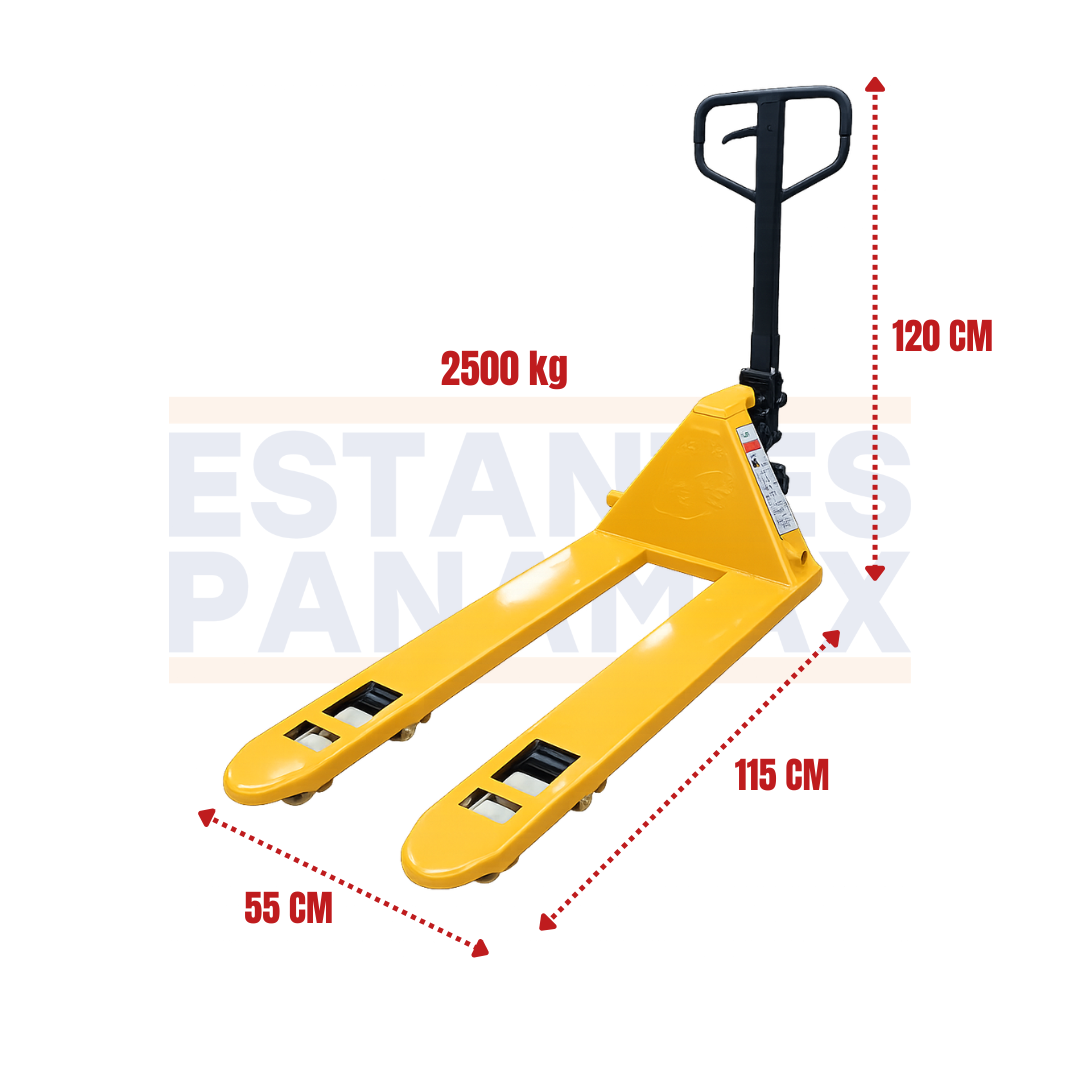 (CALIBRE ECONOMICO) Transpaleta Manual Jack Pallet Hand Pallet 2500kg Modelo Europeo Amarillo 115X55cm PMX-1408
