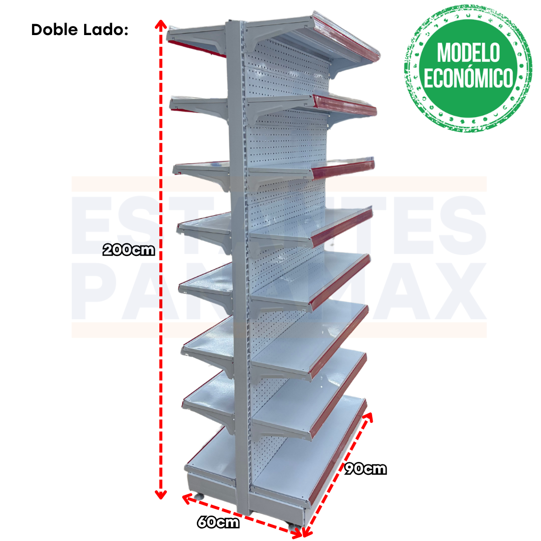 **MODELO ECONÓMICO** Góndola Doble Perforado Blanco 8 Niveles 200x90x60cm 75kg/nivel PMX-3004-D