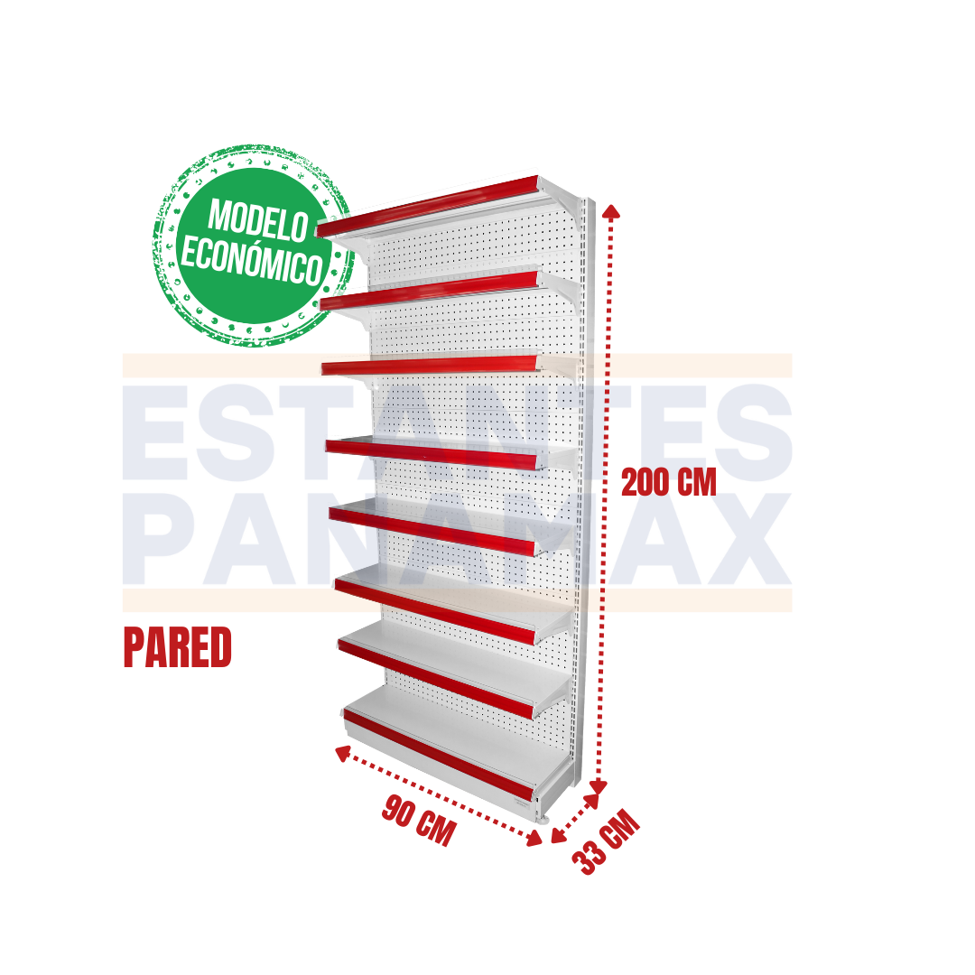 **MODELO ECONÓMICO** Góndola Pared Perforado Blanco 8 Niveles 200x90x30cm 75kg/nivel PMX-3004-P