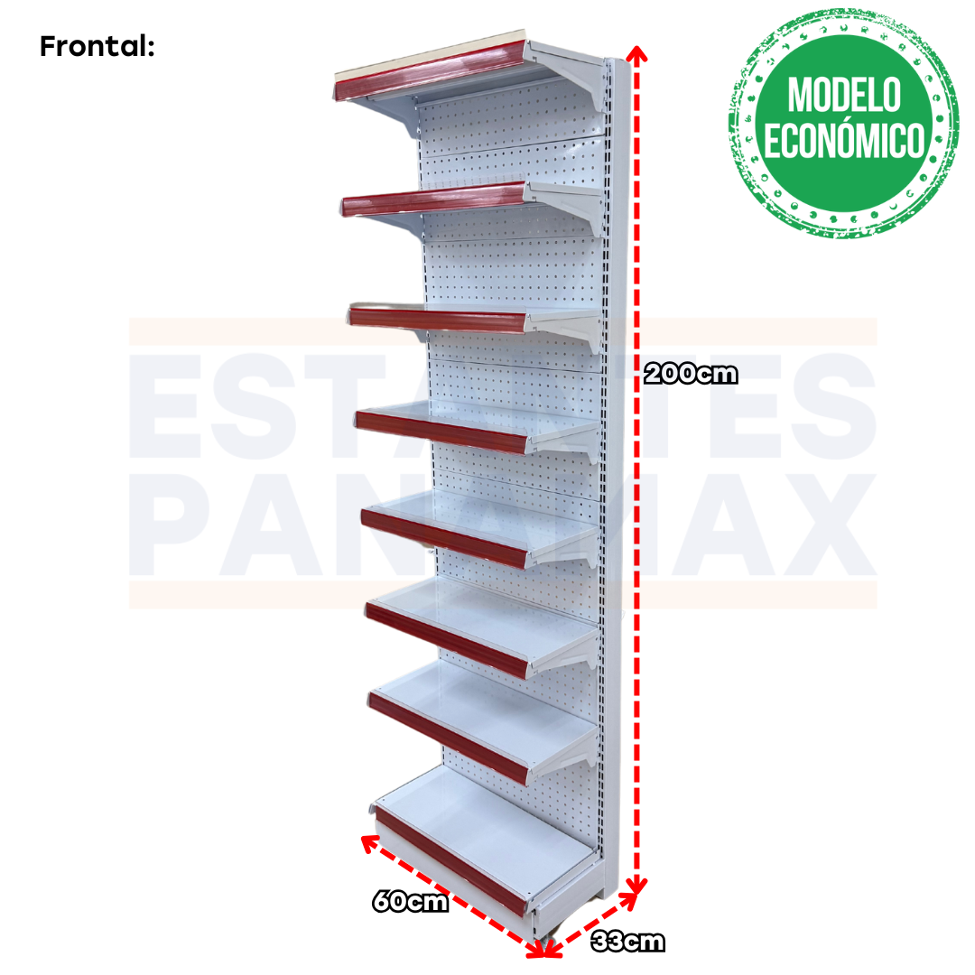 **MODELO ECONÓMICO** Góndola Frontal Perforado Blanco 8 Niveles 200x60x30cm 75kg/nivel PMX-3004-F