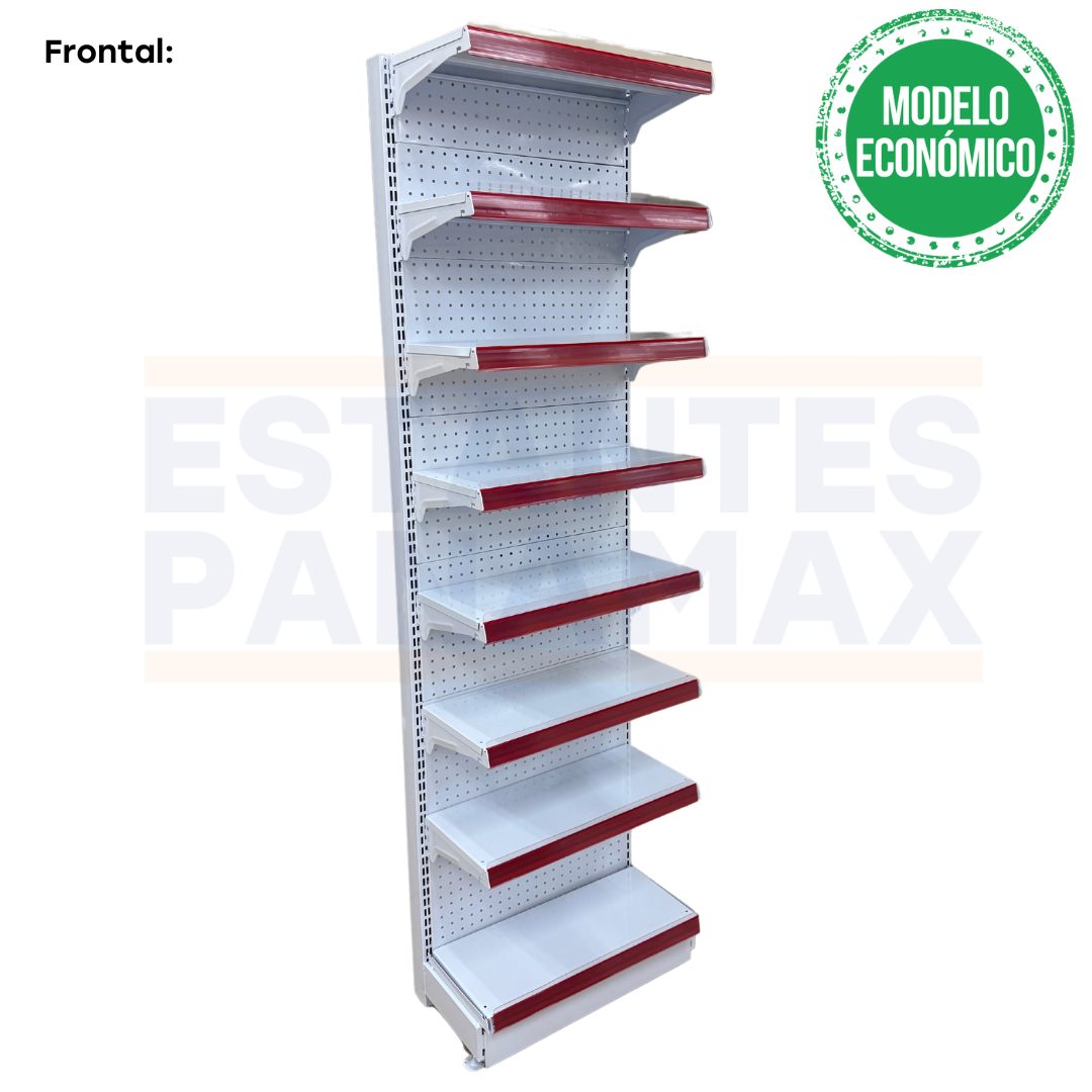 **MODELO ECONÓMICO** Góndola Frontal Perforado Blanco 8 Niveles 200x60x30cm 75kg/nivel PMX-3004-F