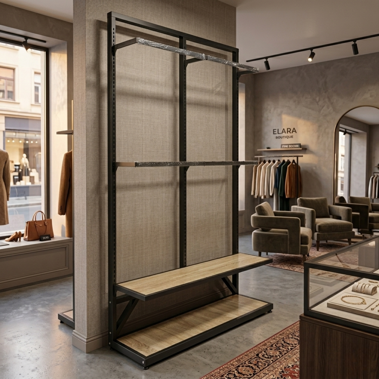 Perchero Exhibidor de Ropa Metal Negro con Diseño Madera 220x120x40cm XBH-CR23