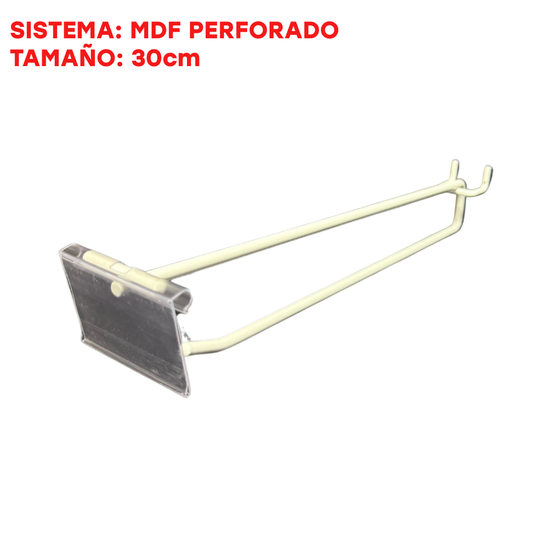 Gancho Metálico para MDF PERFORADO Crema 30cm/6mm Doble +Porta Precio PMX-1253